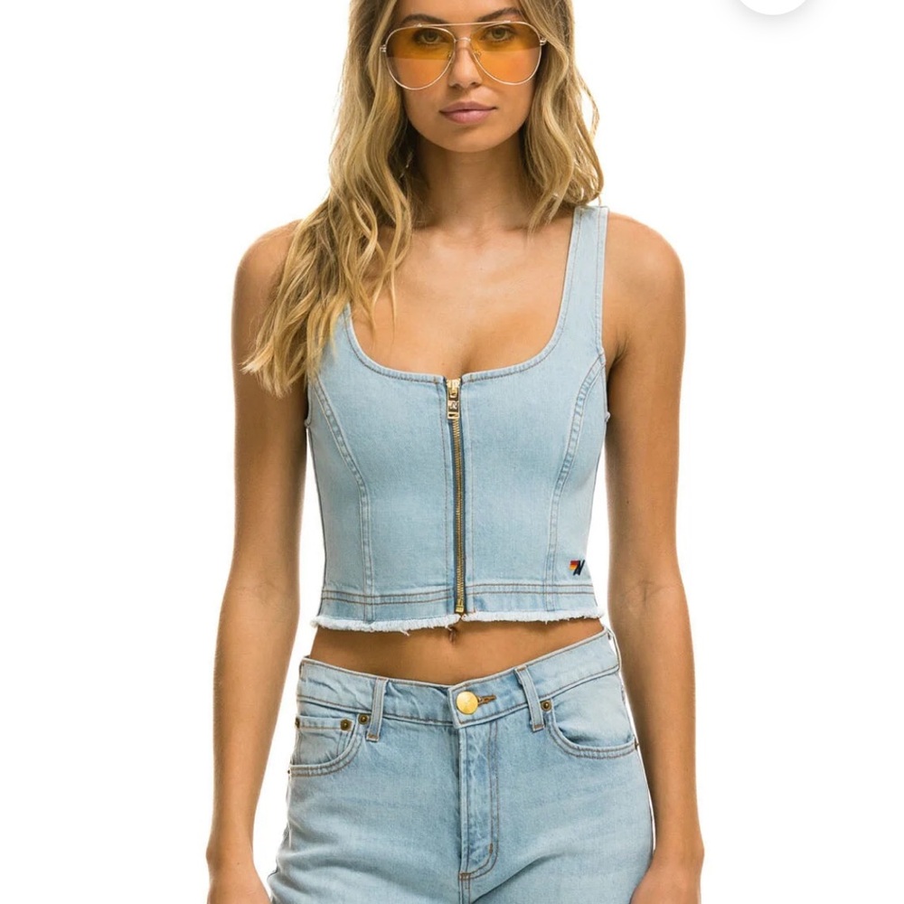 DENIM TOP ZIP FRONT BUSTIER - SUPER LIGHT, XS